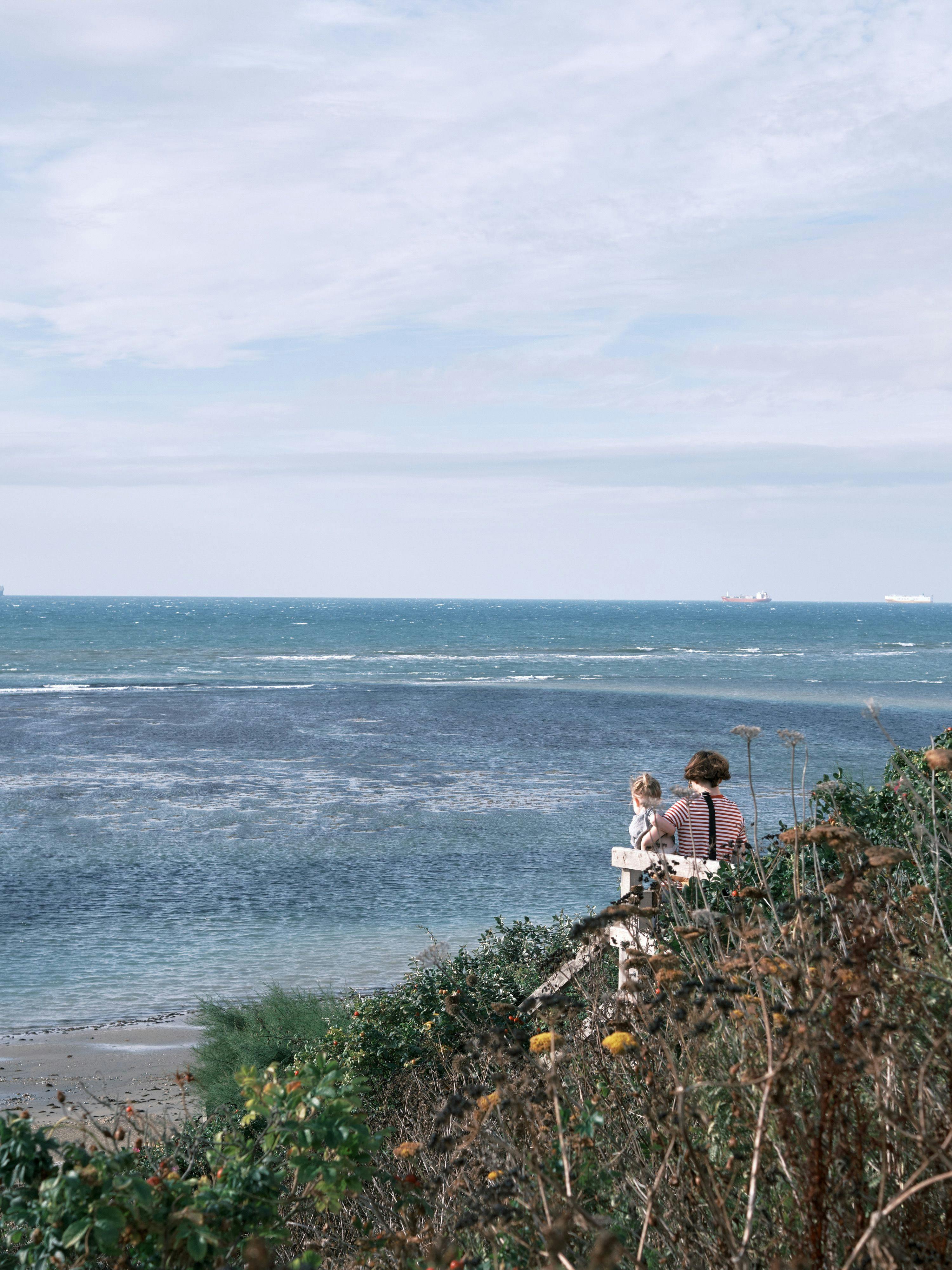 Mother and child walk down cliff steps, the wild flowers and grasses contrast with the blue of the sea.