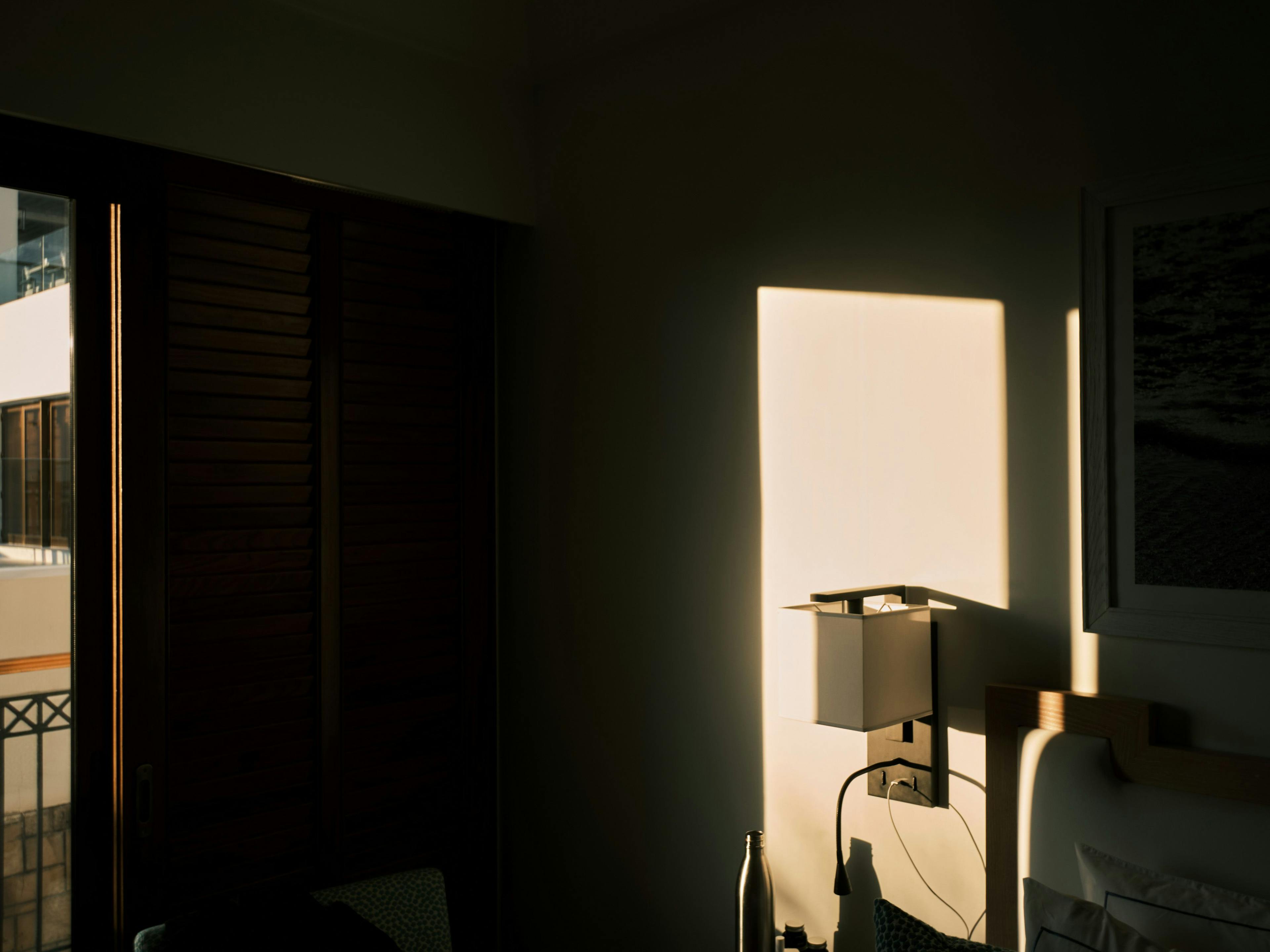 High contrast light on a hotel room creating shadow