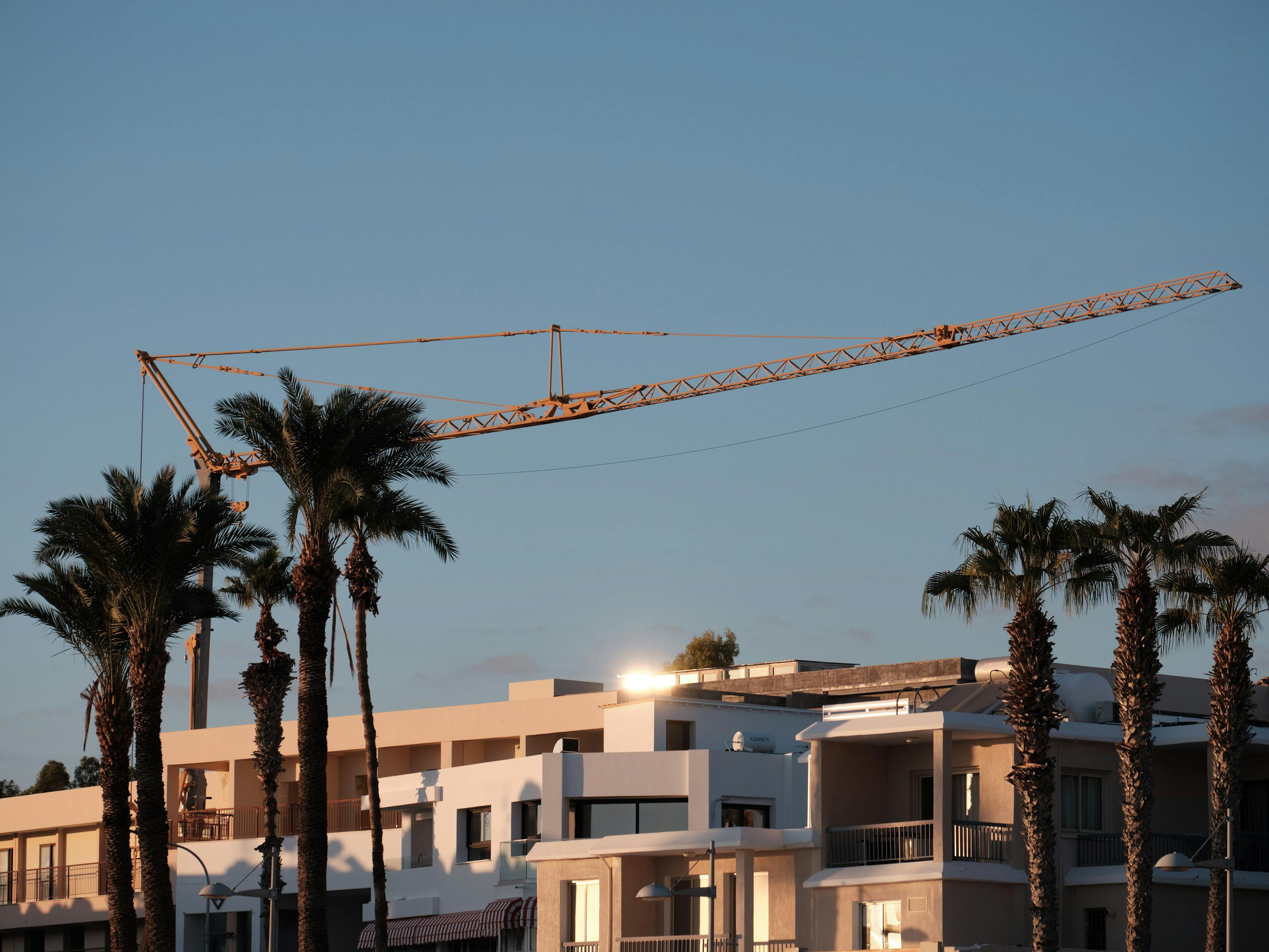 Construction crane over new and old buildings, juxtaposed with palm trees. The sun is low making everything glow.
